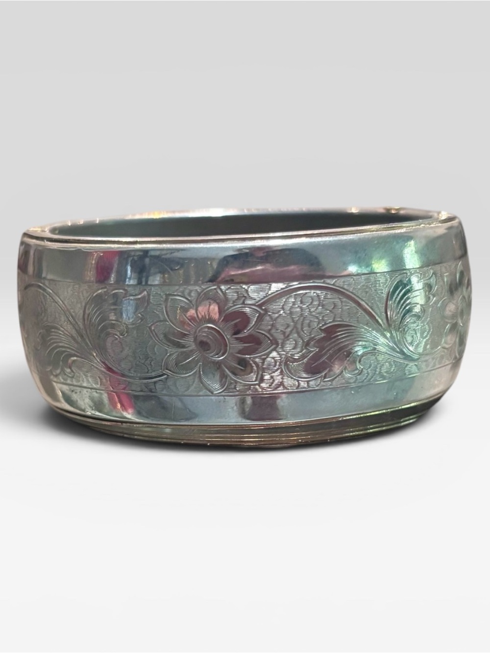Engraved Floral Silver-Tone Bangle Bracelet